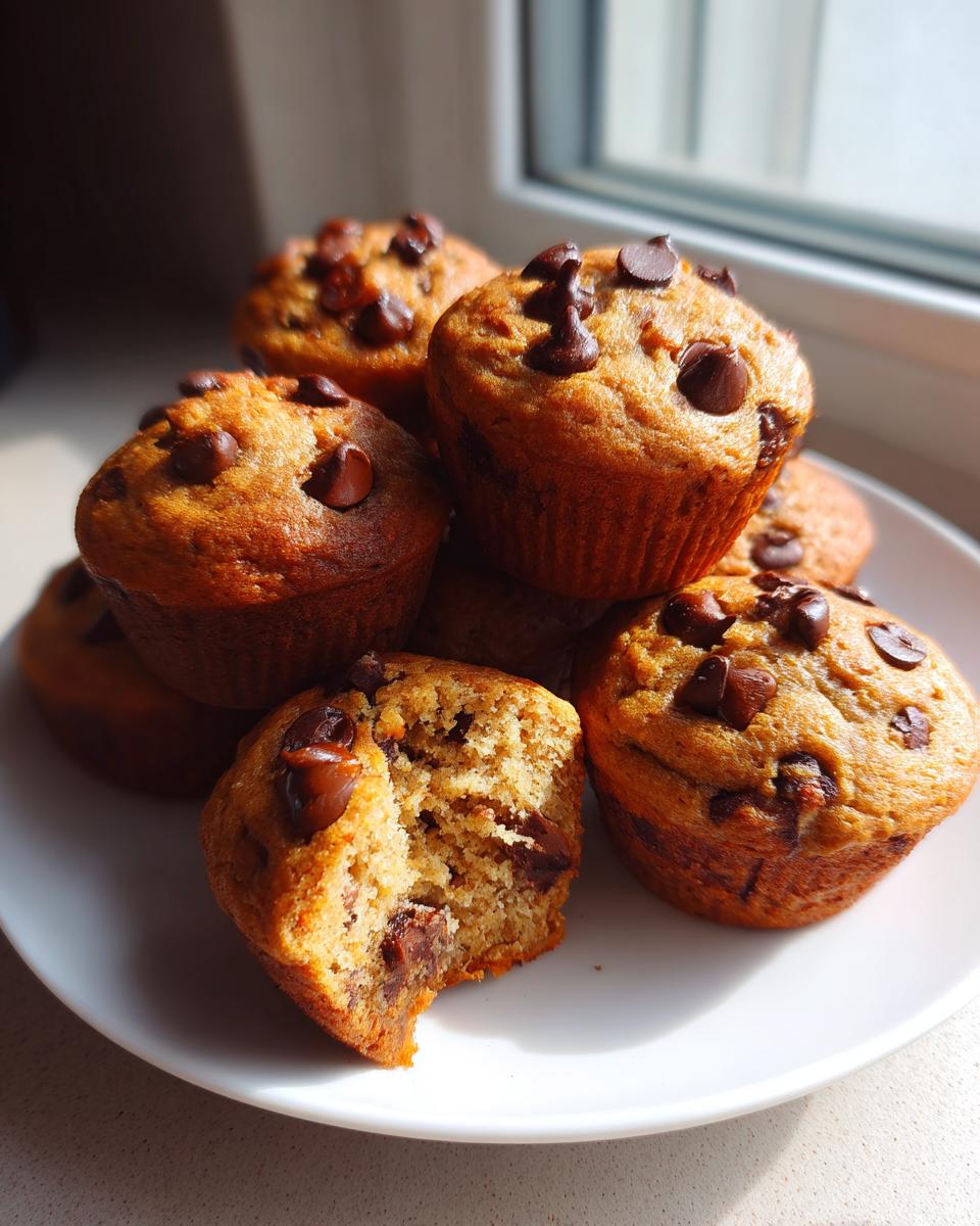 A stack of moist mini banana chocolate chip muffins on a white plate, one muffin is broken open showing the texture.
