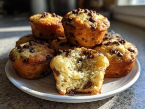 A stack of moist mini banana chocolate chip muffins, one broken open to show the soft interior and chocolate chips.