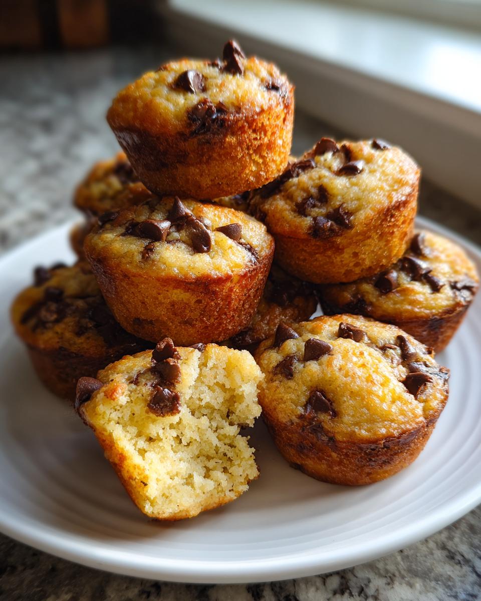 A stack of golden brown mini banana chocolate chip muffins with one broken open showing the moist interior.