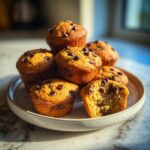A stack of golden brown mini banana chocolate chip muffins topped with chocolate chips, one is broken open.