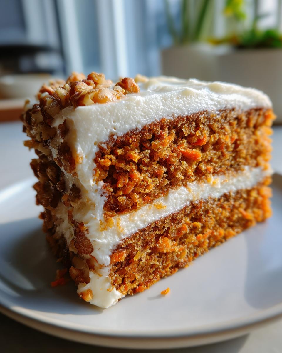 Close-up of a moist, two-layer slice from the best carrot cake recipe, topped with cream cheese frosting and walnuts.