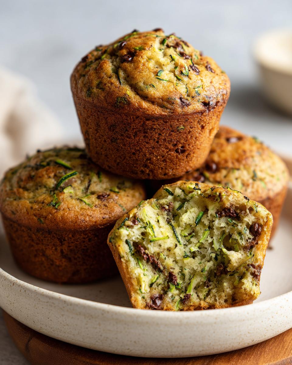 A stack of moist chocolate chip zucchini muffins, with one cut in half showing shredded zucchini inside.