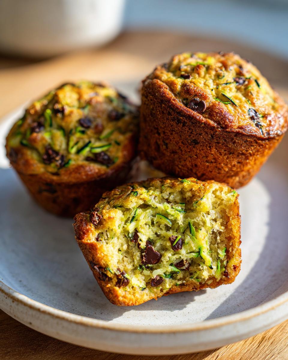 Close-up of three chocolate chip zucchini muffins, one broken open showing moist interior and shredded zucchini.