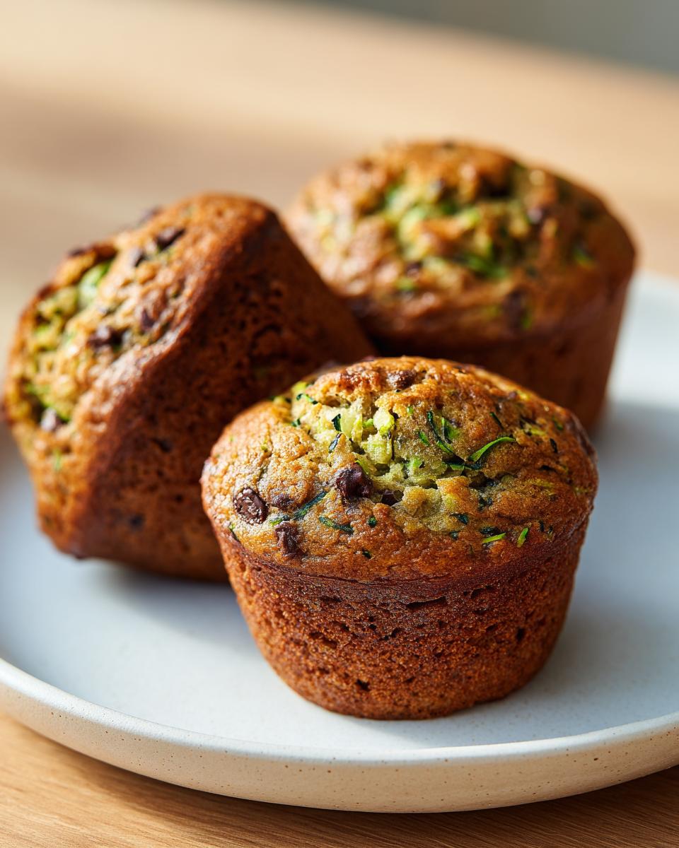 Three freshly baked chocolate chip zucchini muffins with visible shredded green zucchini on a light speckled plate.