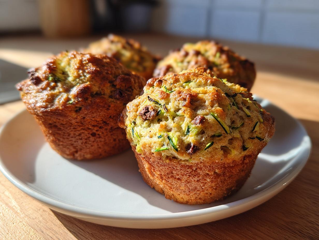 Four freshly baked, golden-brown zucchini muffins with visible shreds of green zucchini on a white plate.