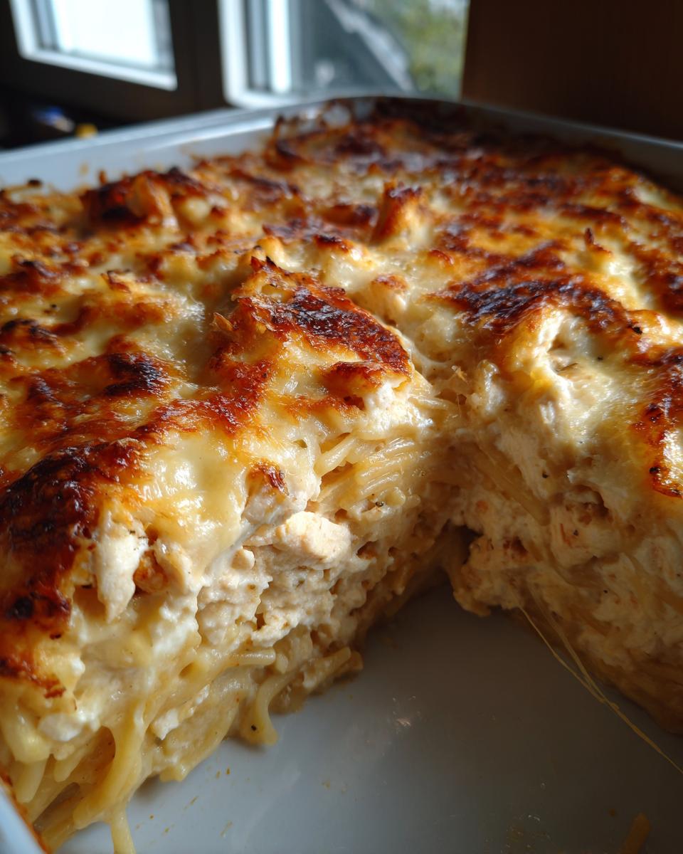 Close-up of a baked Monterey chicken spaghetti casserole with a golden, bubbly cheese topping and creamy filling.