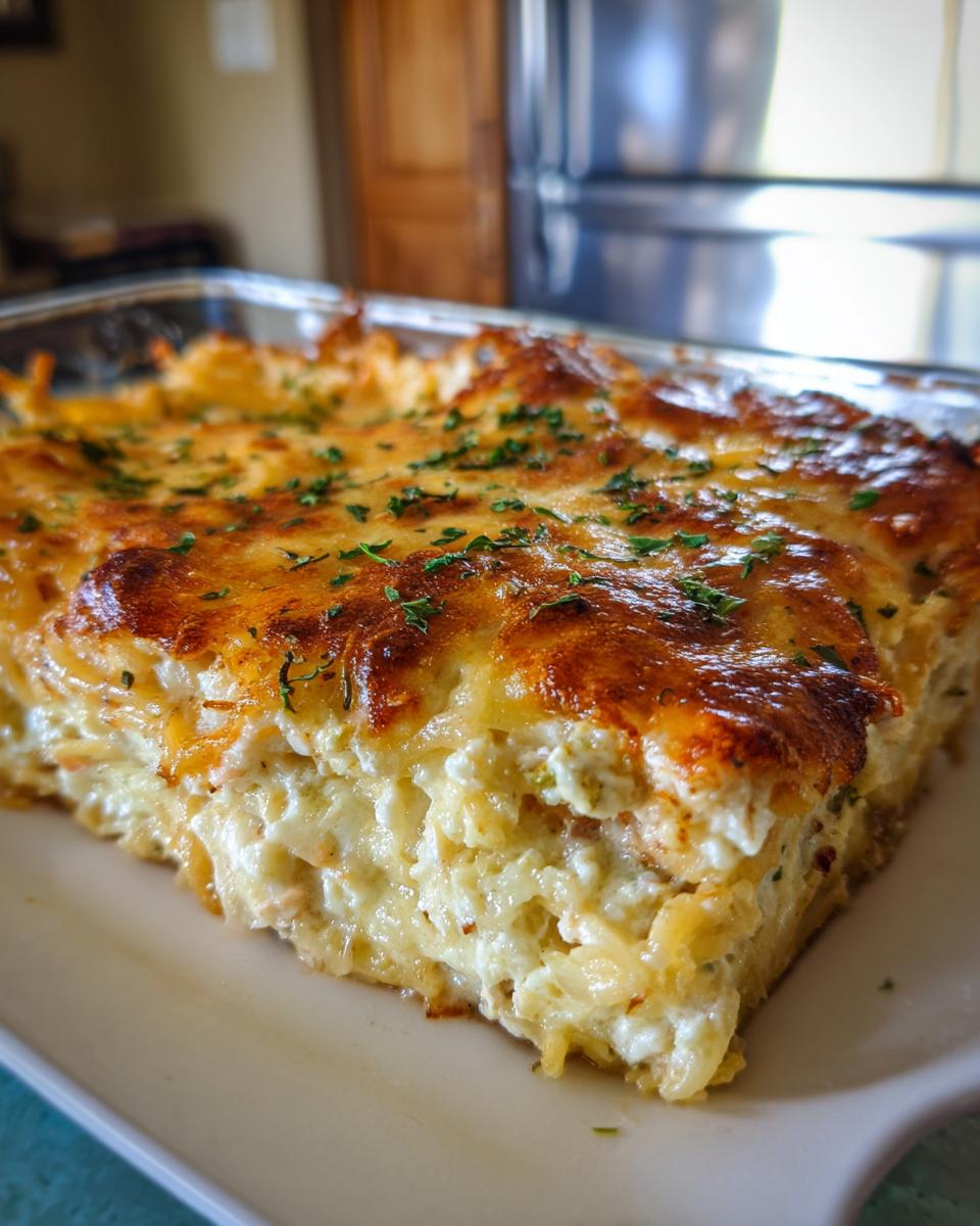 A close-up of a baked slice of Monterey chicken spaghetti with a golden, bubbly cheese topping and fresh parsley.