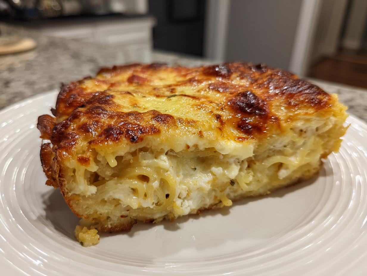 A baked slice of Monterey chicken spaghetti with a golden-brown, cheesy crust resting on a white plate.