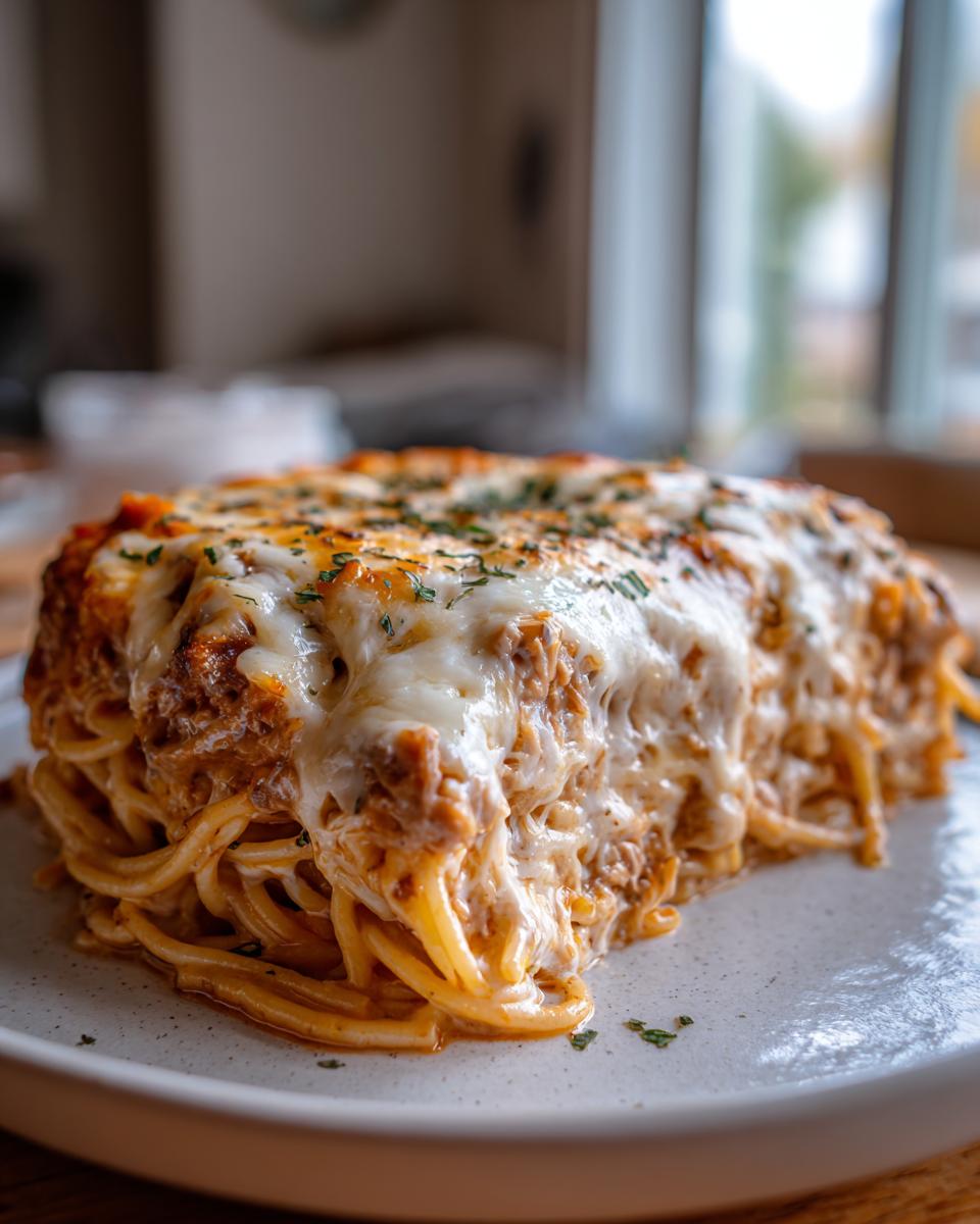 A thick slice of baked Monterey chicken spaghetti covered in melted mozzarella cheese and parsley.