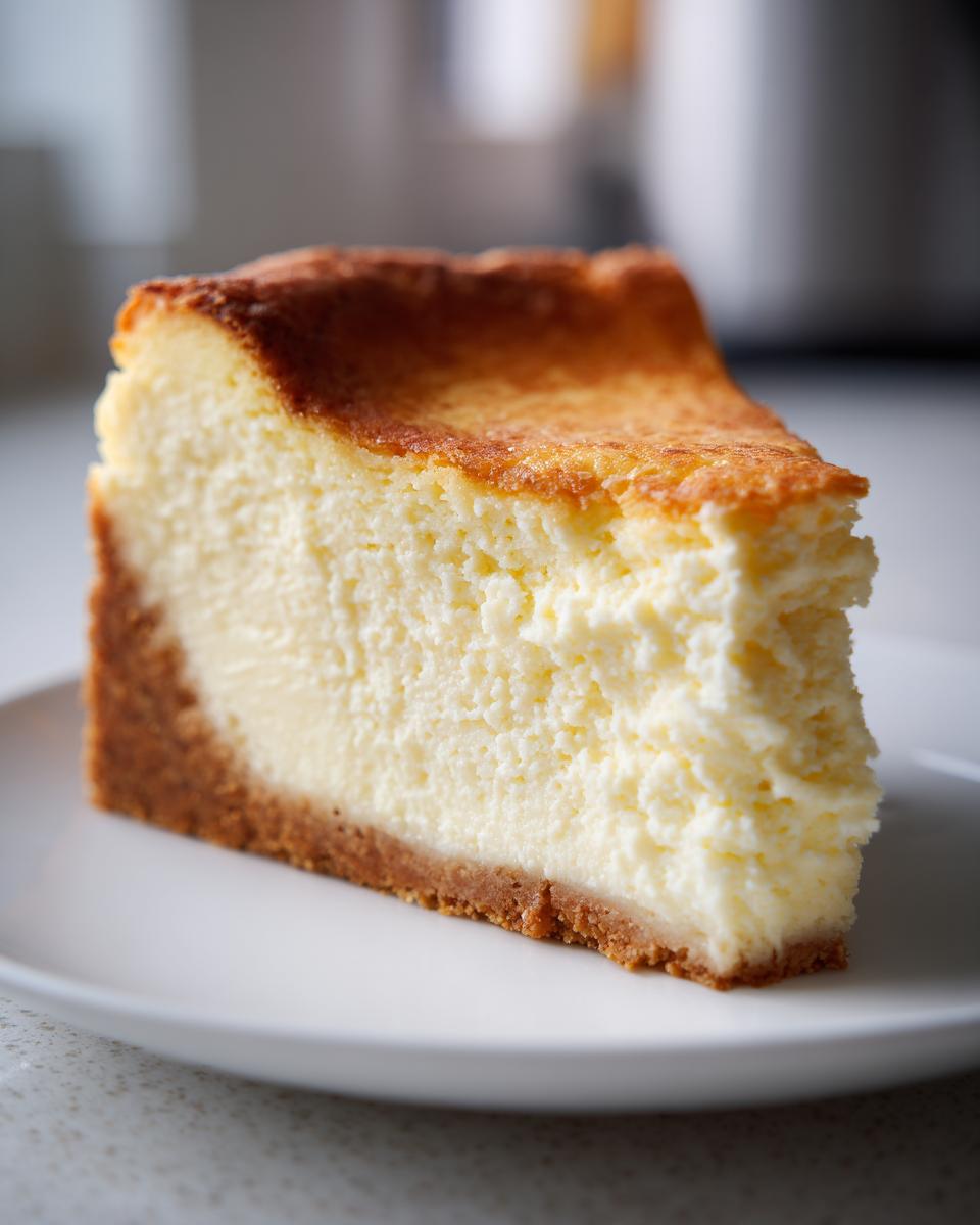 A close-up of a thick, rich slice of New York cheesecake with a graham cracker crust and a golden-brown top.