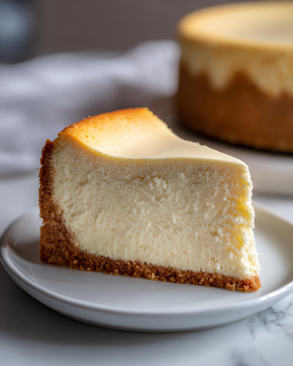 A perfect slice of creamy New York cheesecake with a thick graham cracker crust, served on a white plate.