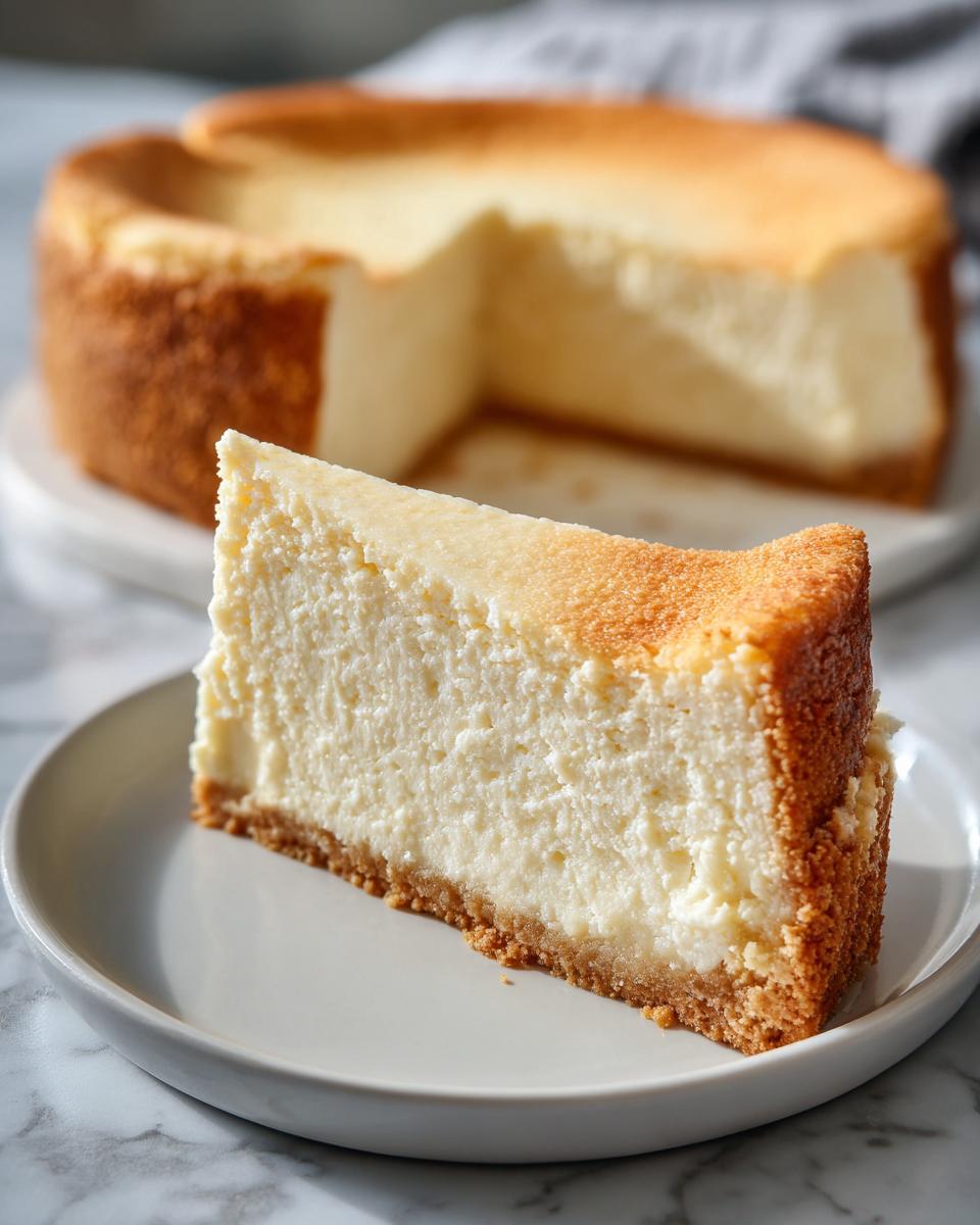 A perfect slice of rich New York cheesecake with a thick graham cracker crust served on a white plate.