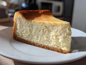 A thick, rich slice of New York cheesecake with a golden-brown top and graham cracker crust on a white plate.