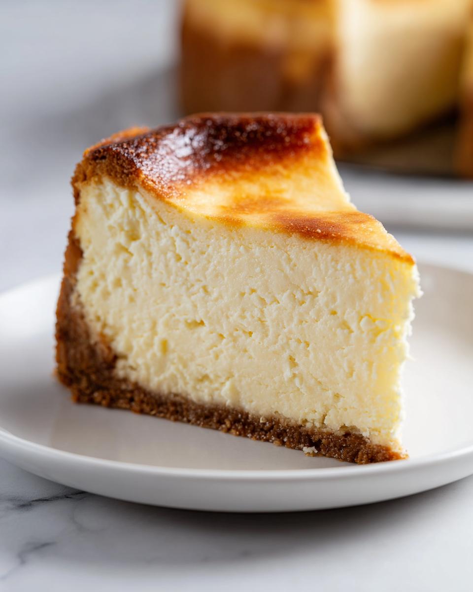 A thick slice of rich New York cheesecake with a creamy interior and a deeply browned top, resting on a white plate.