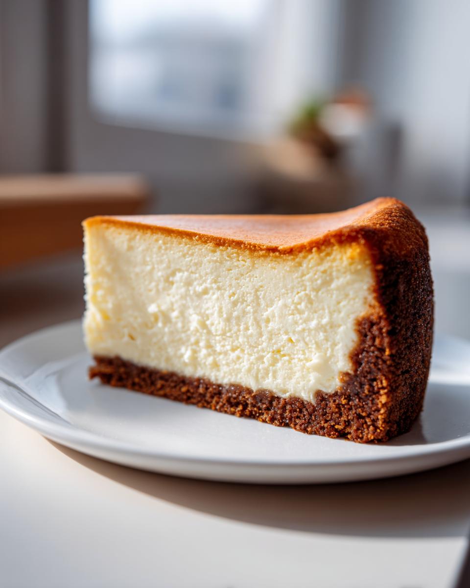 A thick, creamy slice of New York style cheesecake recipe with a dark graham cracker crust on a white plate.