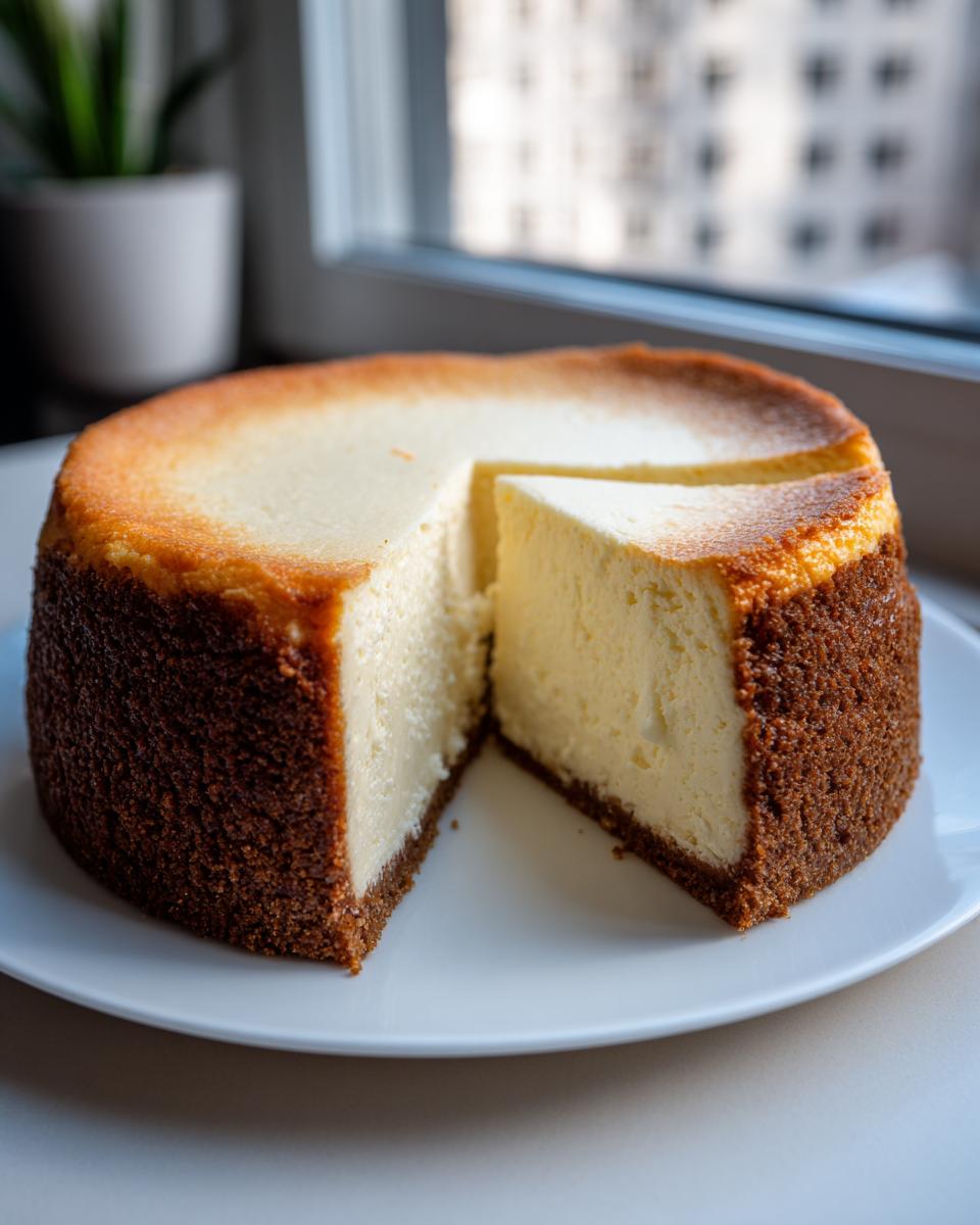 A whole, perfectly baked New York style cheesecake recipe with a slice cut out, sitting on a white plate.