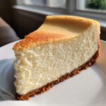A perfect slice of creamy new york style cheesecake with a golden top and graham cracker crust.