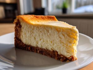 A close-up of a thick slice of creamy new york style cheesecake recipe with a graham cracker crust.