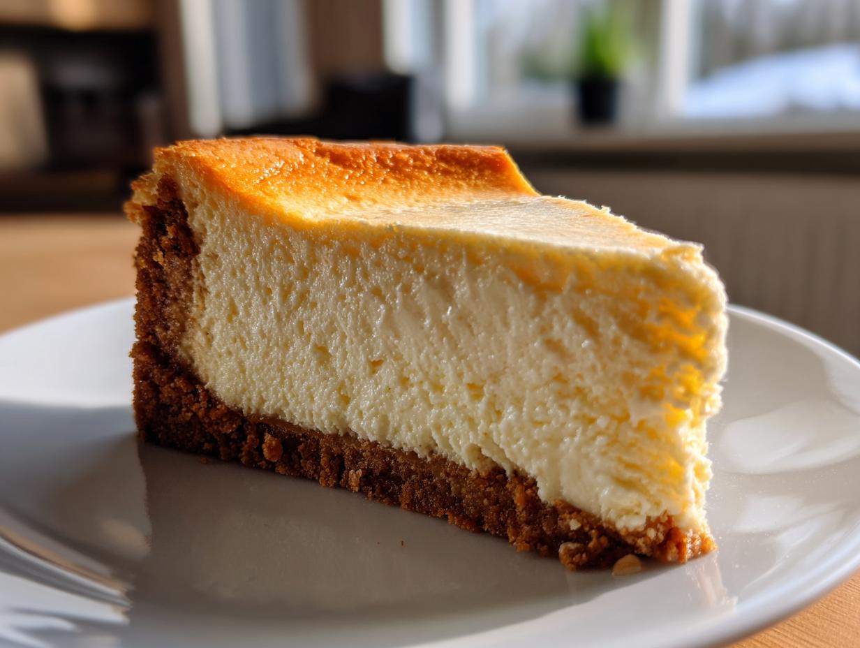 A close-up of a thick slice of creamy new york style cheesecake recipe with a graham cracker crust.