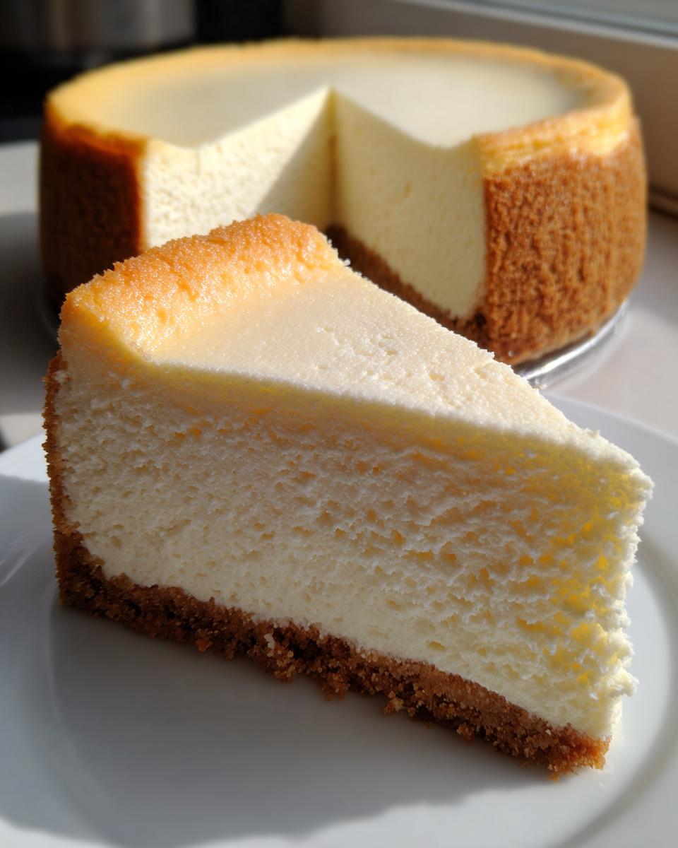 A close-up slice of creamy new york style cheesecake with a thick graham cracker crust, with the rest of the cake blurred in the background.