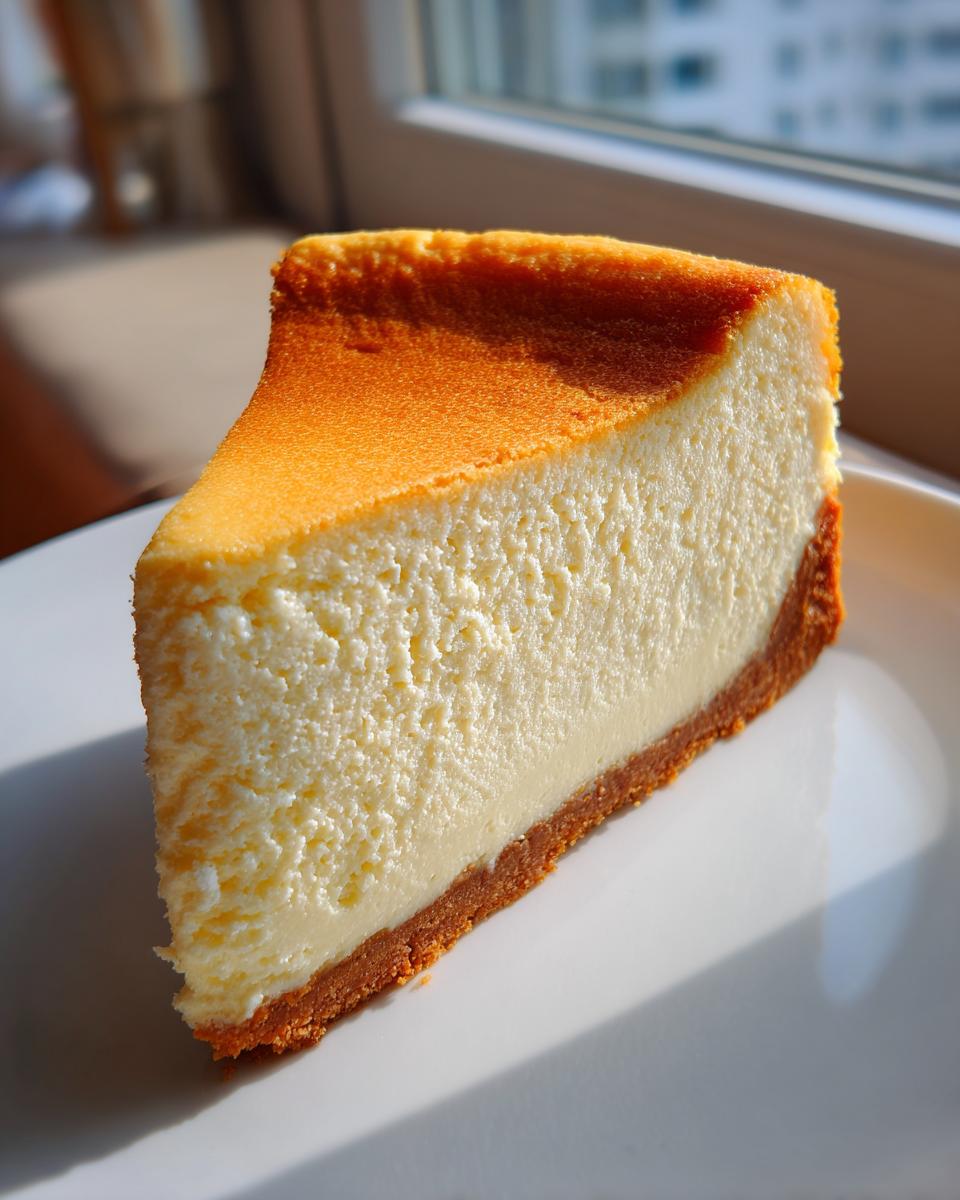 A perfect slice of creamy new york style cheesecake showing a golden brown top and graham cracker crust.