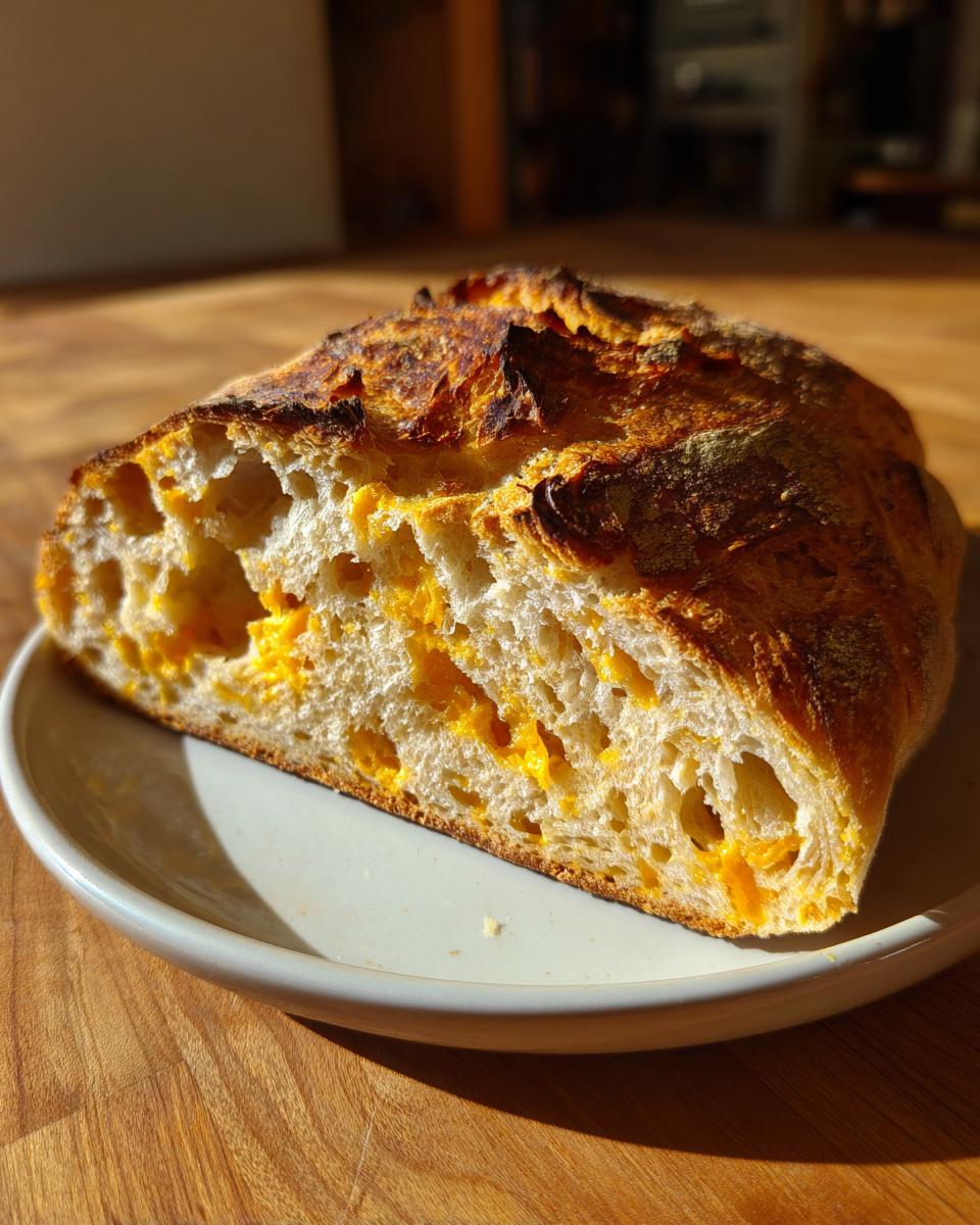 Cross-section of a rustic no knead cheddar bread showing an open crumb structure dotted with melted orange cheddar cheese.