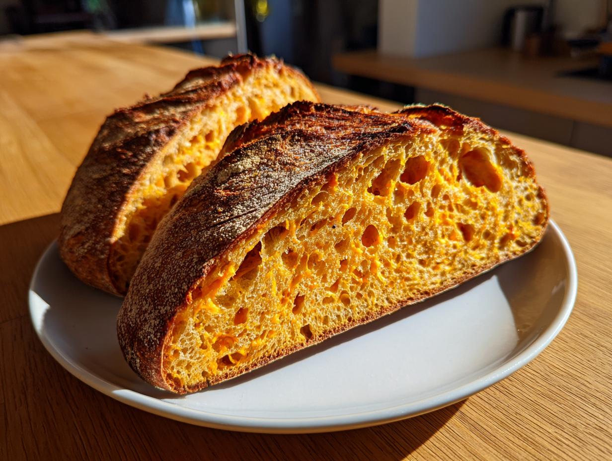 A close-up of two halves of a golden, open-crumb no knead cheddar bread resting on a white plate.