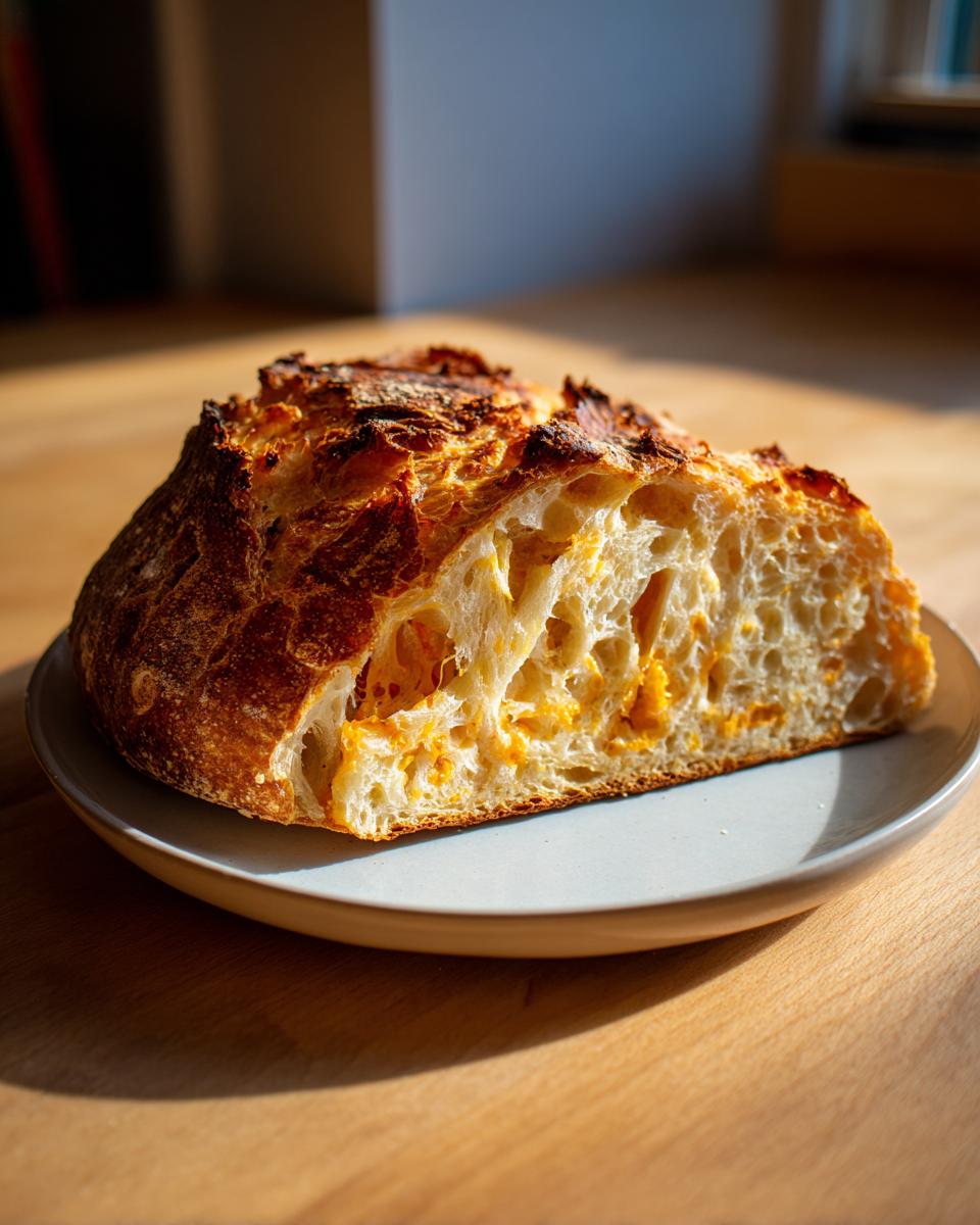 A cross-section slice of crusty no knead cheddar bread showing an open crumb with melted orange cheddar cheese pockets.