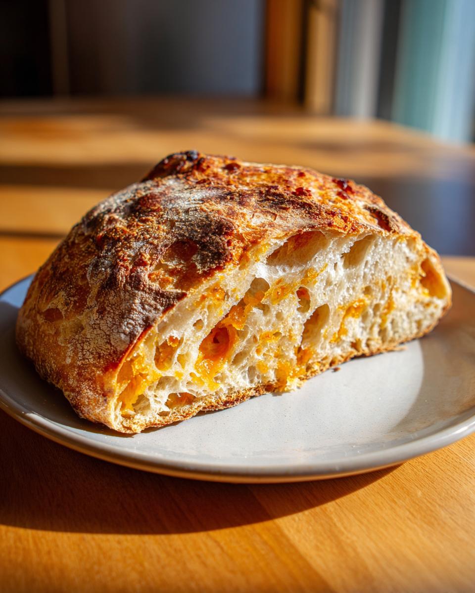 A cross-section slice of crusty no knead cheddar bread showing an airy crumb studded with melted orange cheddar cheese.