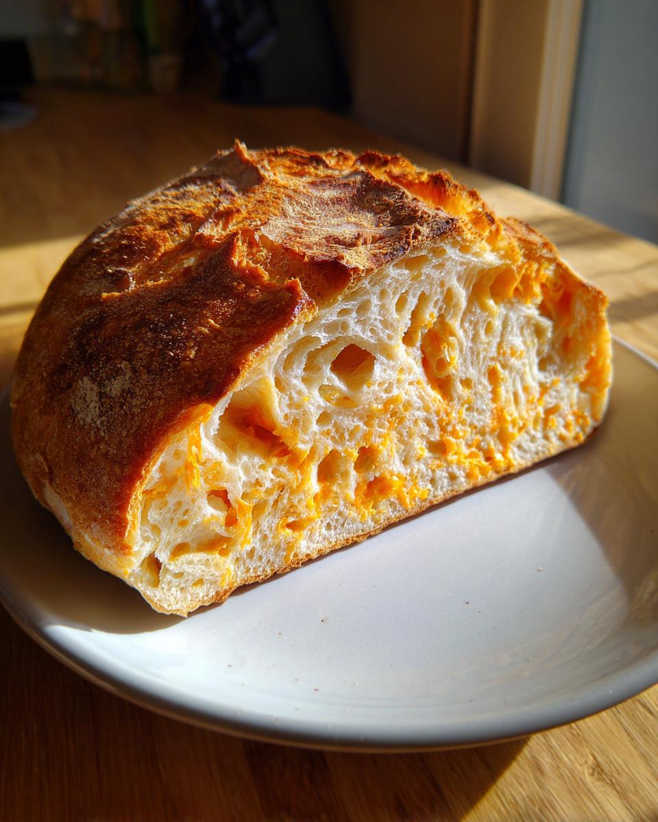 A cross-section slice of delicious no knead cheddar bread showing a light, airy crumb studded with melted orange cheddar cheese.