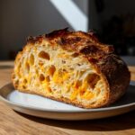 A close-up view of a slice of no knead cheddar bread showing an open, airy crumb studded with melted orange cheddar cheese.