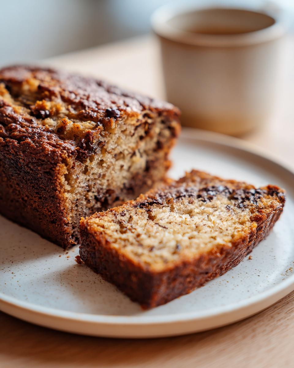 A close-up of a freshly baked banana bread loaf, with one thick slice cut and resting next to it on a speckled plate.