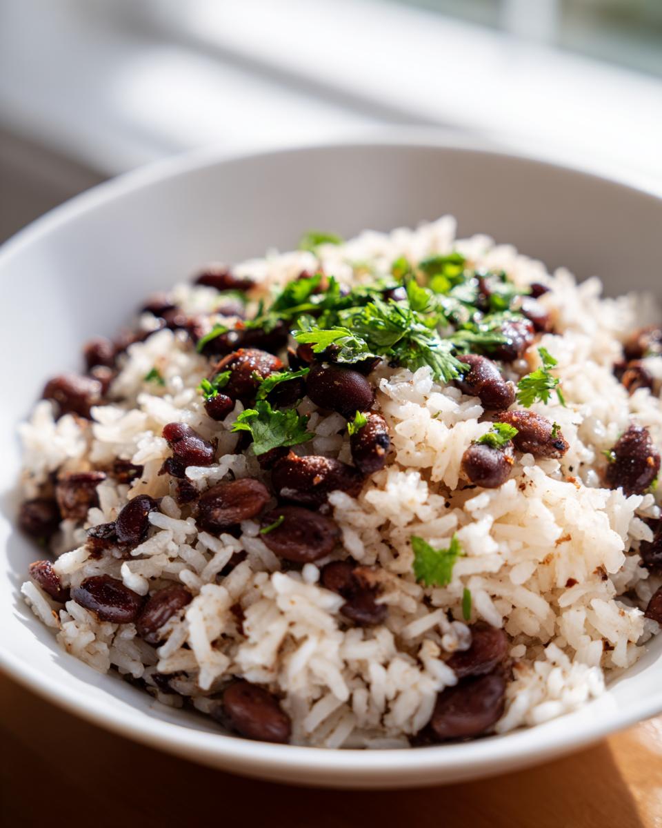 Close-up of a white bowl filled with fluffy white rice mixed with dark black beans and topped with fresh cilantro garnish, showcasing the black beans and rice.