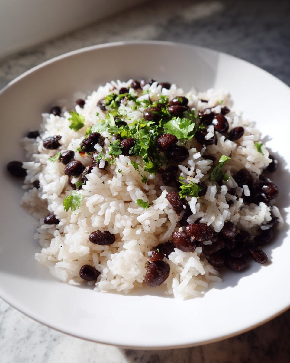 A white bowl filled with fluffy white rice mixed with dark black beans and topped with fresh cilantro.