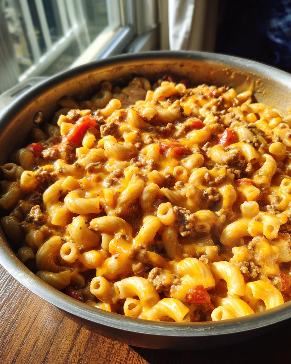 Close-up of a skillet filled with creamy, cheesy cheeseburger pasta featuring elbow macaroni and ground beef.