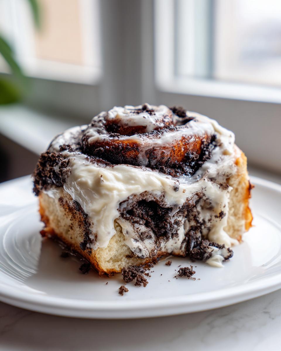 A single, decadent Oreo cinnamon rolls slice covered in thick white icing and crushed chocolate cookies, sitting on a white plate.