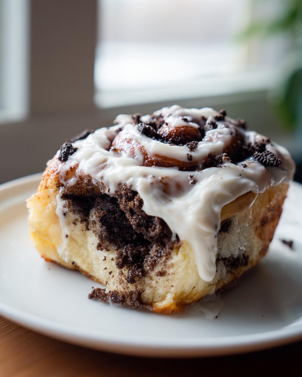 A single, decadent oreo cinnamon rolls slice topped with thick white icing and crushed chocolate cookie pieces.