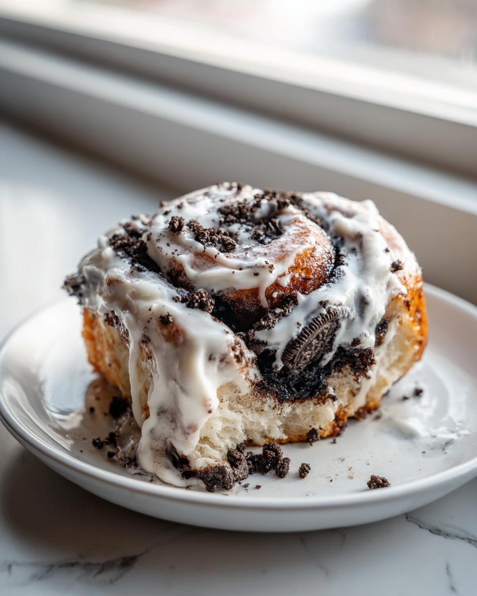A close-up of a soft oreo cinnamon rolls covered in thick white icing and crushed Oreo pieces.