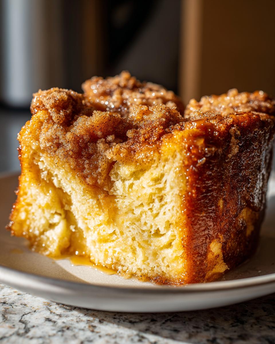 A close-up of a rich, golden slice of overnight french toast baked into a casserole, topped with cinnamon sugar.