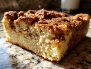 Close-up of a thick, moist slice of overnight french toast with a rich cinnamon streusel topping.