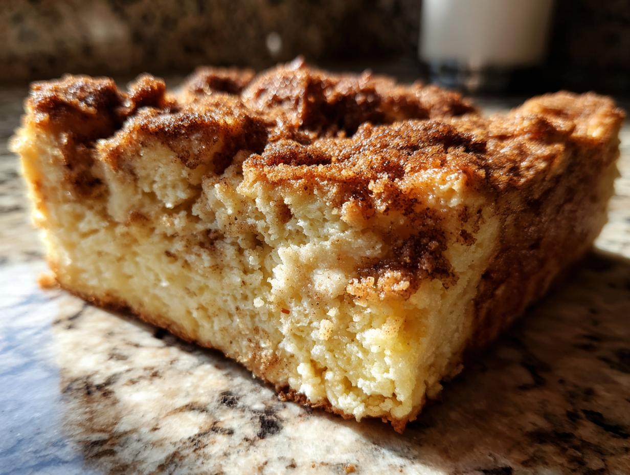 Close-up of a thick, moist slice of overnight french toast with a rich cinnamon streusel topping.