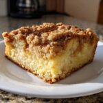 A thick, square slice of baked overnight french toast with a rich, brown sugar crumb topping served on a white plate.