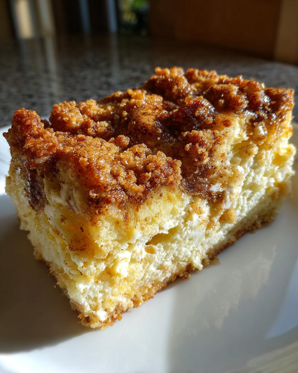Close-up of a rich slice of overnight french toast casserole featuring a thick cream cheese layer and cinnamon streusel topping.