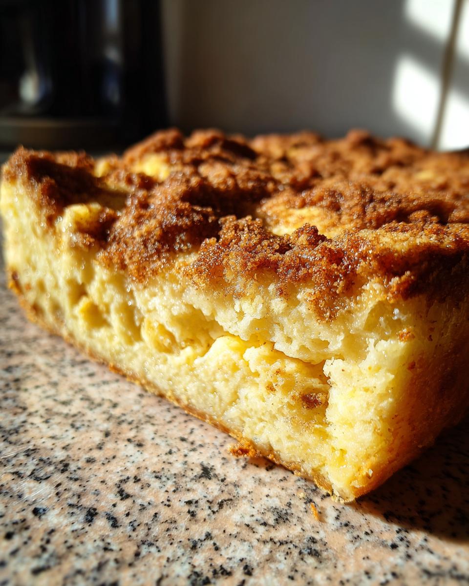 A close-up side view of a square slice of baked overnight french toast topped with a rich cinnamon streusel topping.