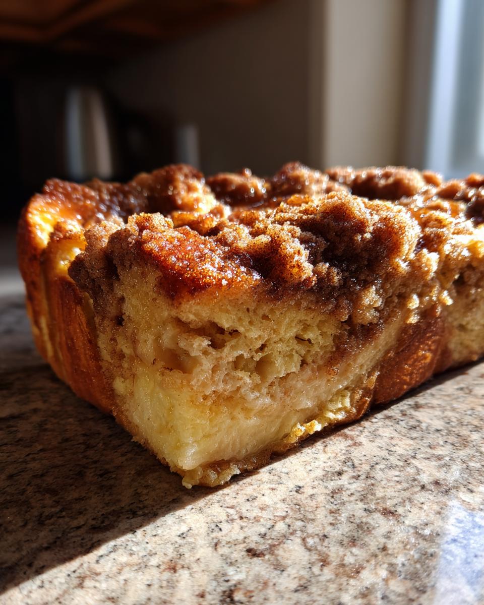 Close-up of a baked slice of overnight french toast featuring a rich, custardy interior and a dark cinnamon streusel topping.