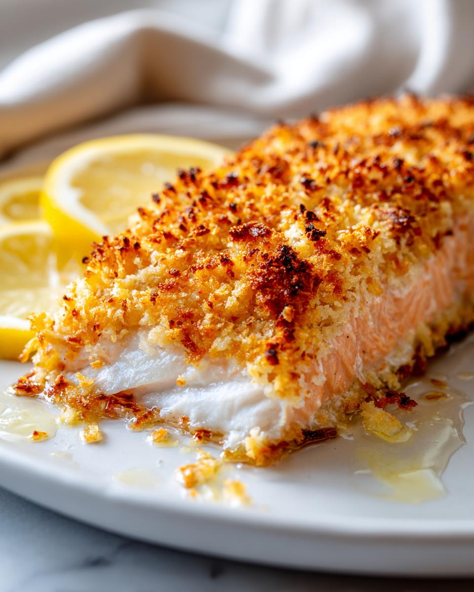 Close-up of a perfectly cooked parmesan crusted baked salmon fillet showing the crispy golden topping and moist interior, served with lemon slices.