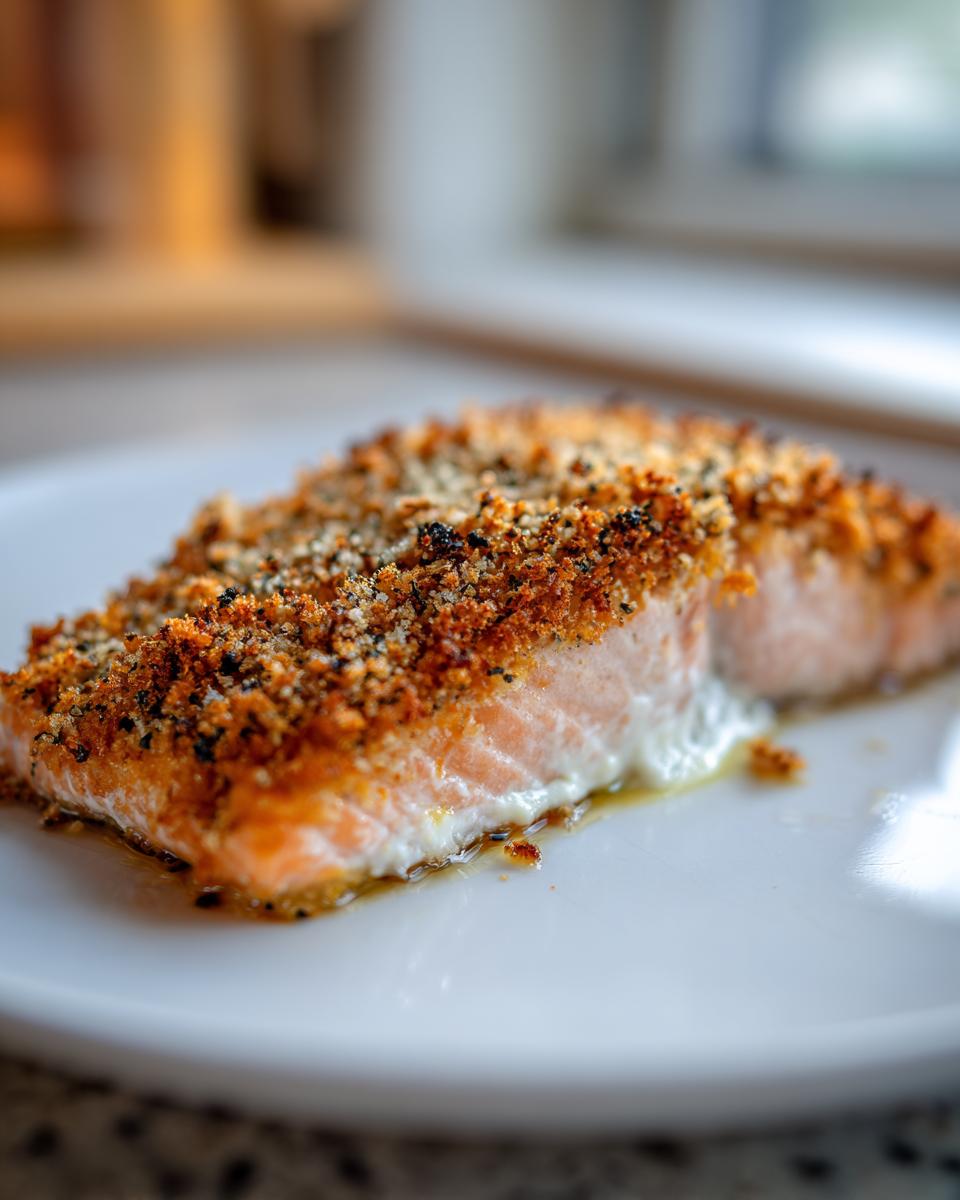 Close-up of a perfectly cooked parmesan crusted baked salmon fillet resting on a white plate with melted butter.