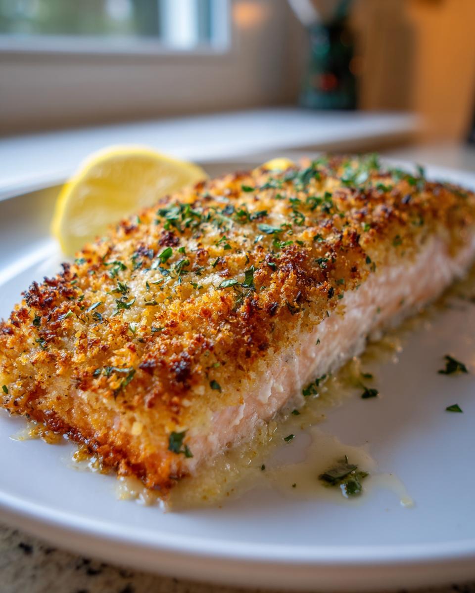 Close-up of a perfectly cooked parmesan crusted baked salmon fillet served with a lemon wedge.
