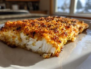 Close-up of a flaky, white salmon fillet with a golden brown, crunchy parmesan crusted baked salmon topping.