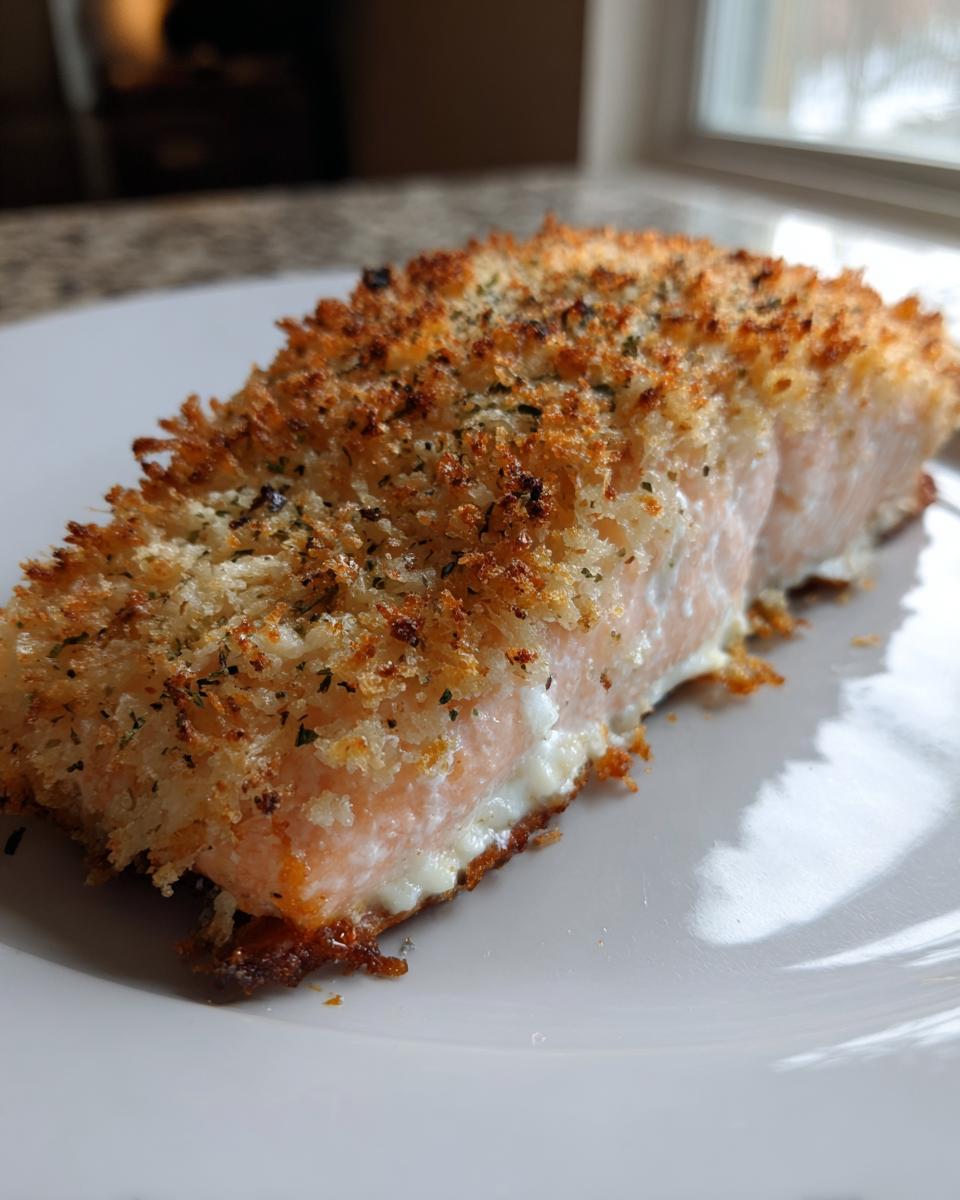 Close-up of a perfectly cooked parmesan crusted baked salmon fillet with a golden brown topping.
